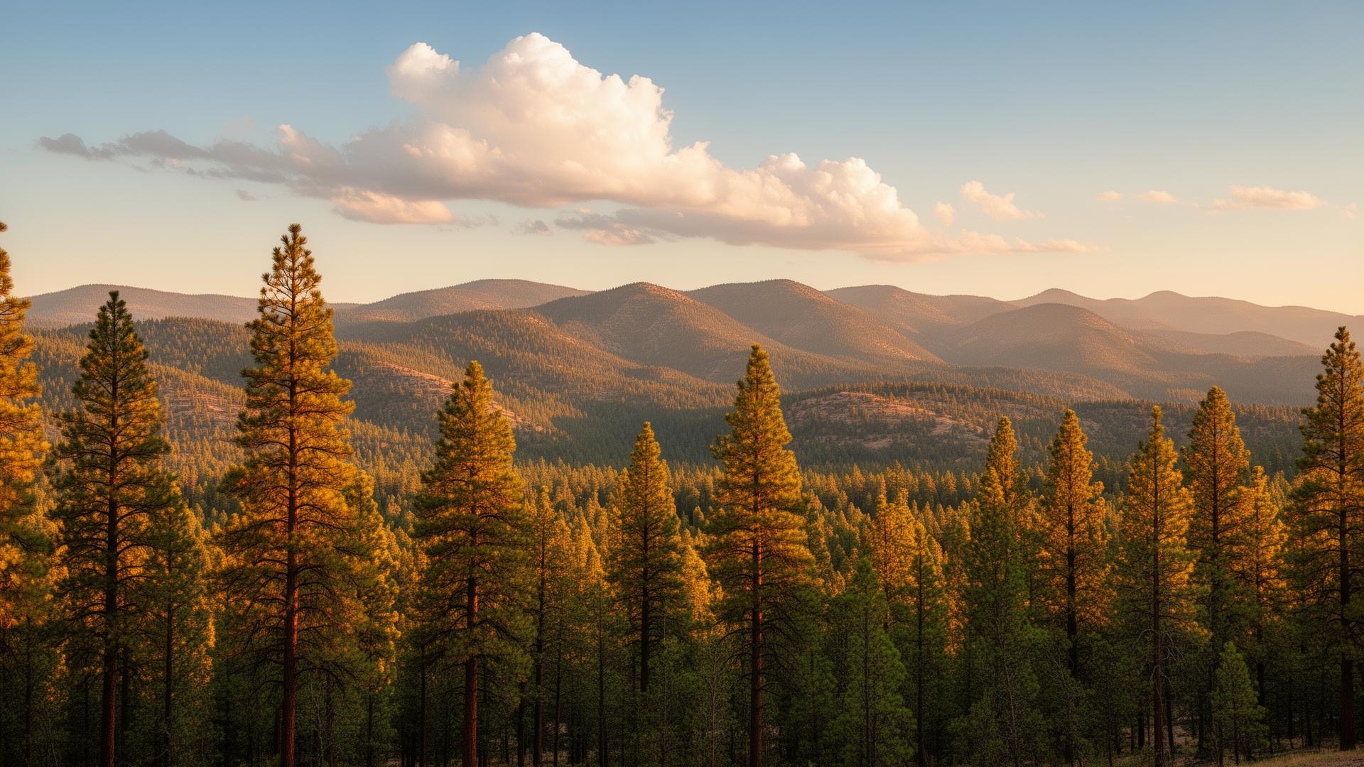 Ponderosa pines and mountain peaks near Ruidoso, New Mexico at golden hour